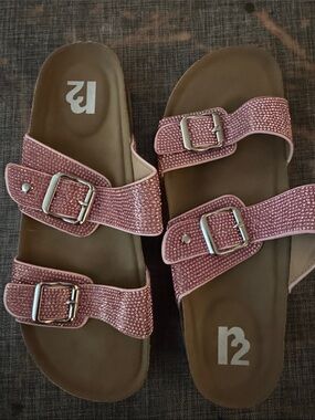 R2 Pink Sparkle Double Buckle Slide Sandals